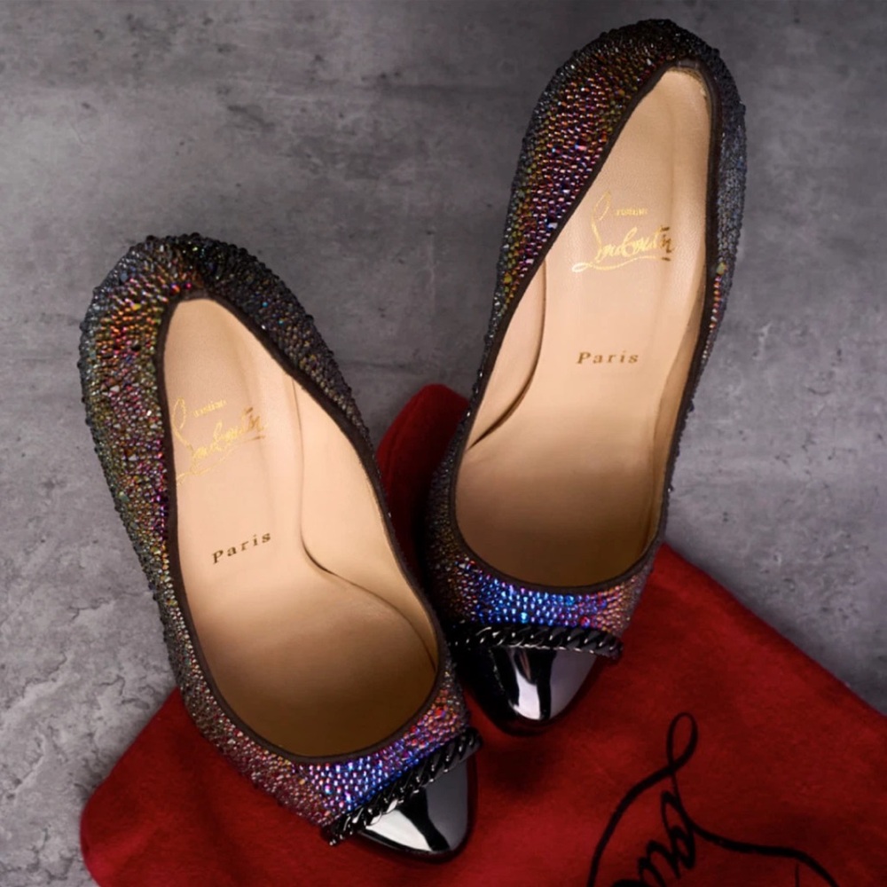EUC Christian Louboutin Metalipp Suede Royal Rainbow Crystal 120 Heel